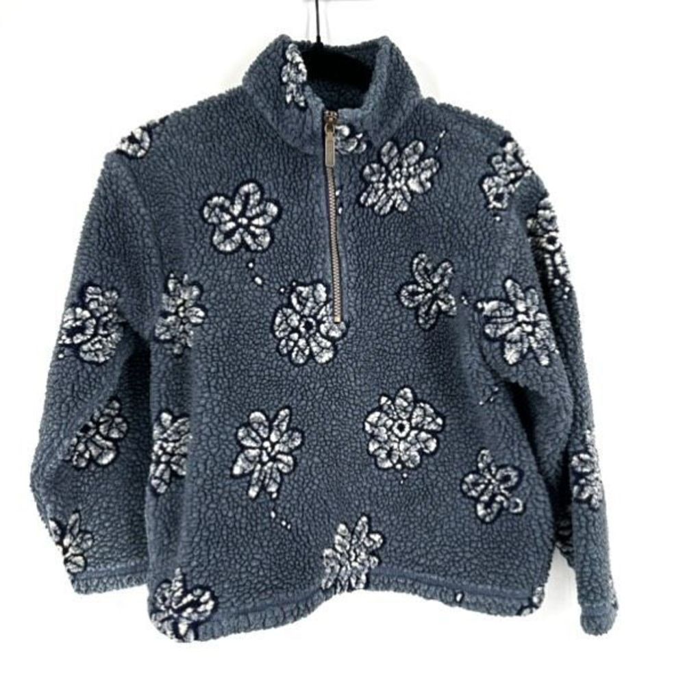 L.L. Bean Youth Unisex Floral Quarter Zip Cropped Fleece Jacket Blue White Small